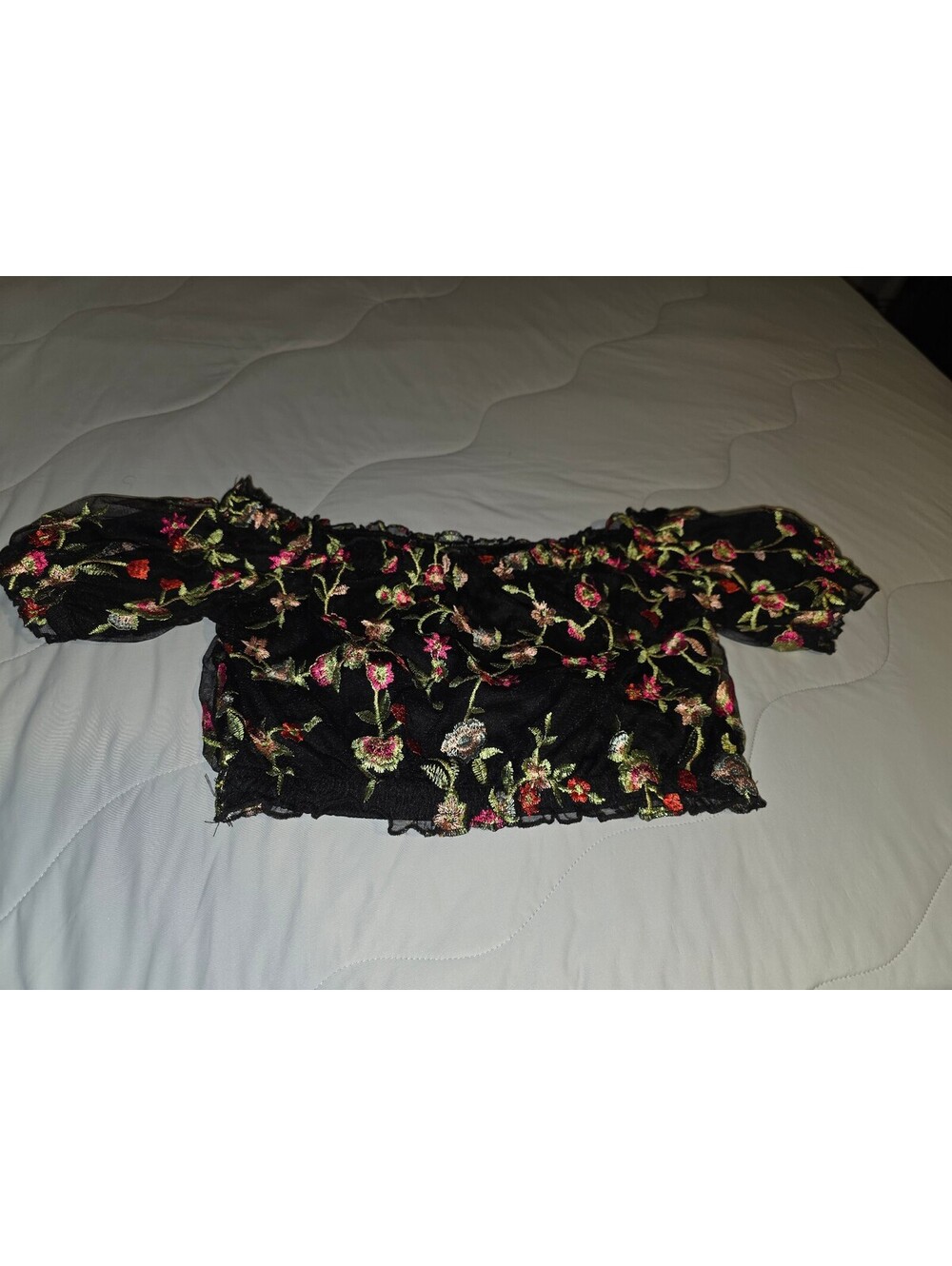 Ambiance Black Floral Embroidered Off Shoulder Crop Top Small Boho Festival